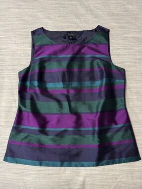 Talbots 100% Silk Striped Sleeveless Shell Top Blouse Purple Green Jewel Tone 10